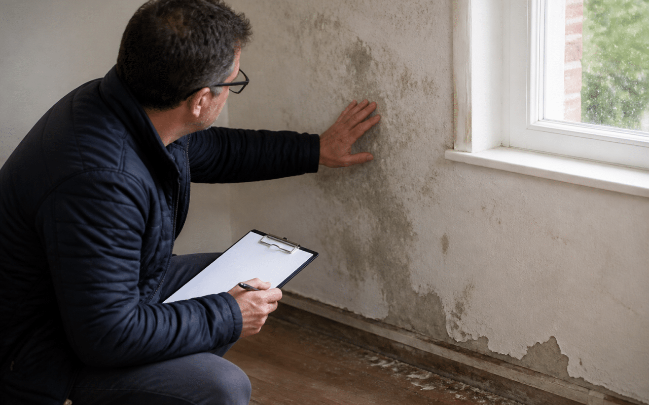 Inspecteur examine murs maison avec clipboard documentation