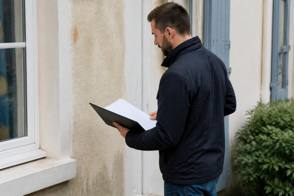 Diagnostiqueur professionnel inspectant maison avec documents certificat