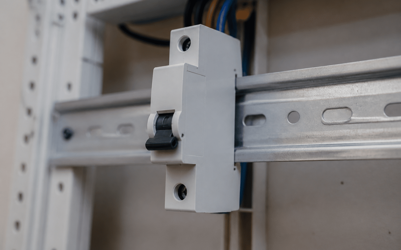 Disjoncteur electrique blanc monte sur rail din gris