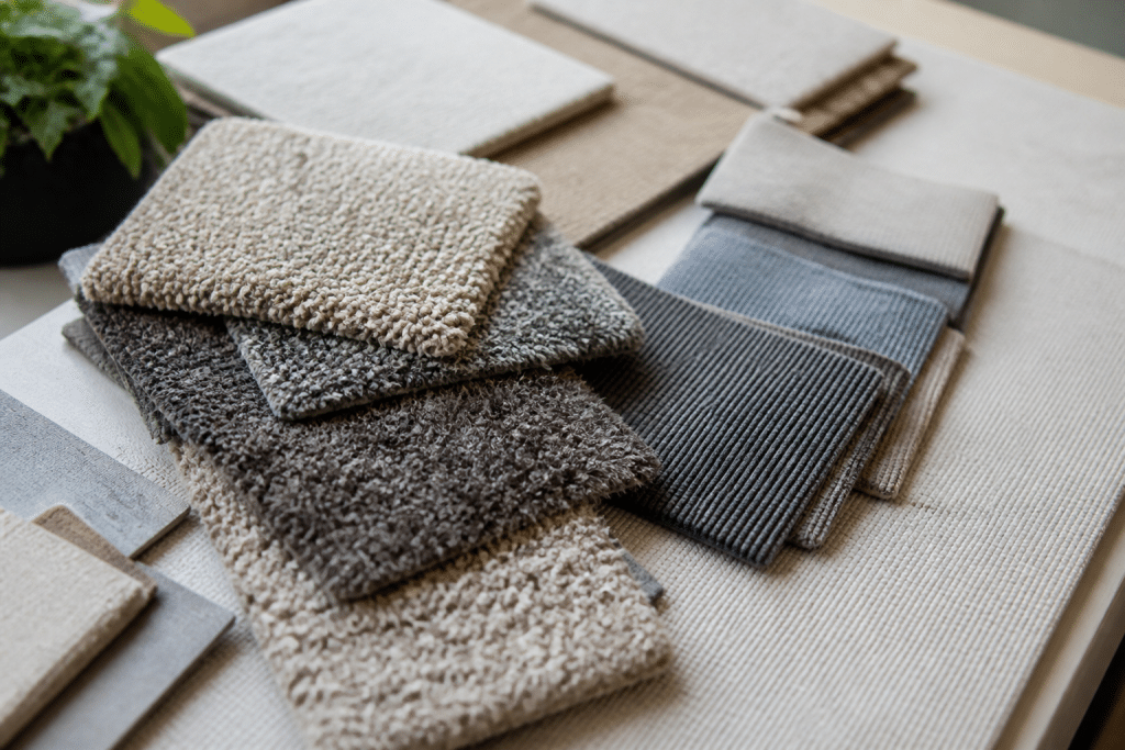 Echantillons de moquette tissee et tuftee avec textures variees