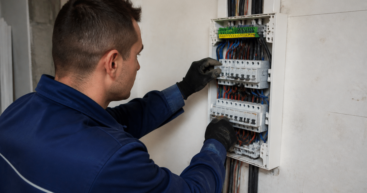 Electricien en uniforme installant tableau de distribution électrique