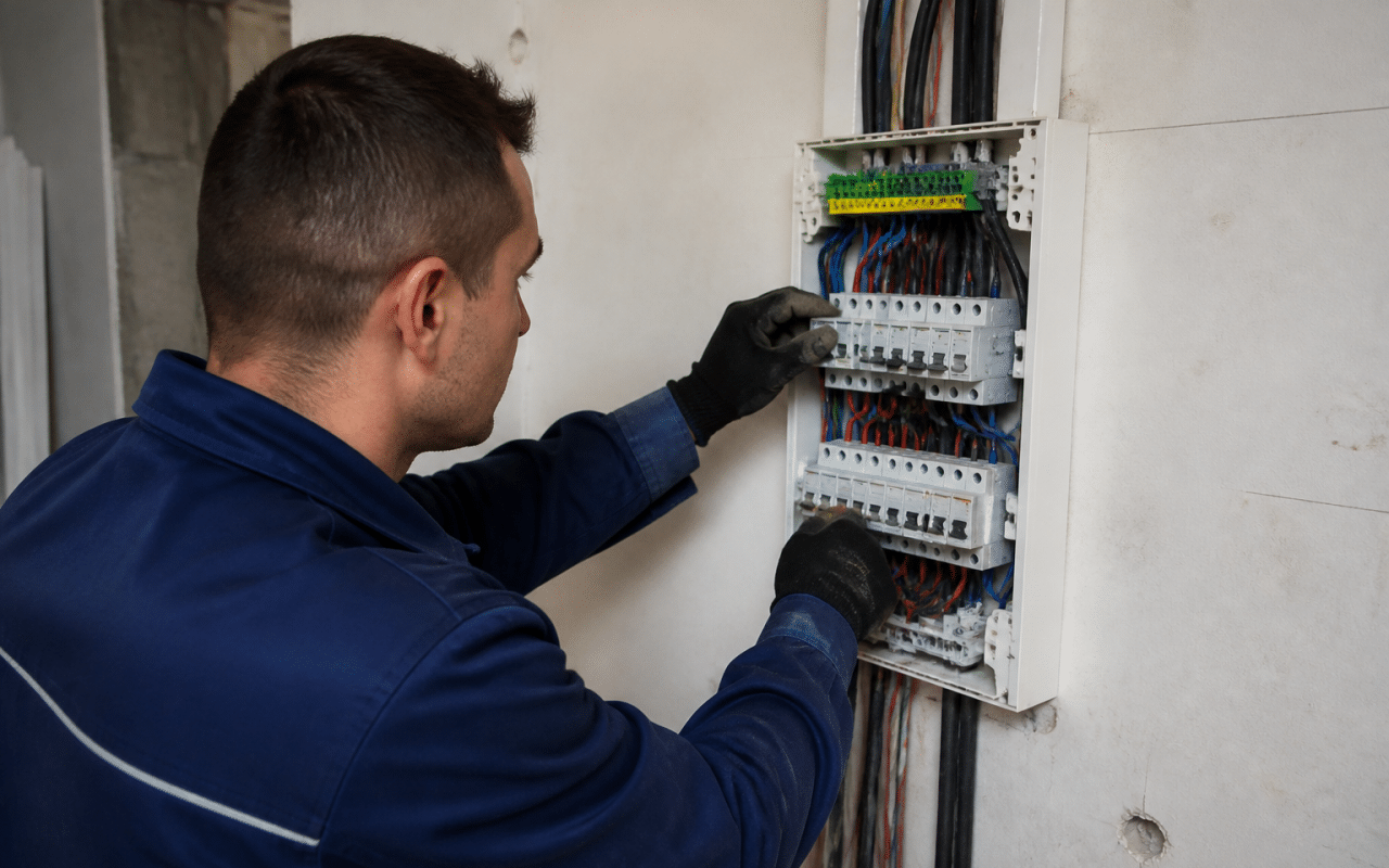 Electricien en uniforme installant tableau de distribution électrique