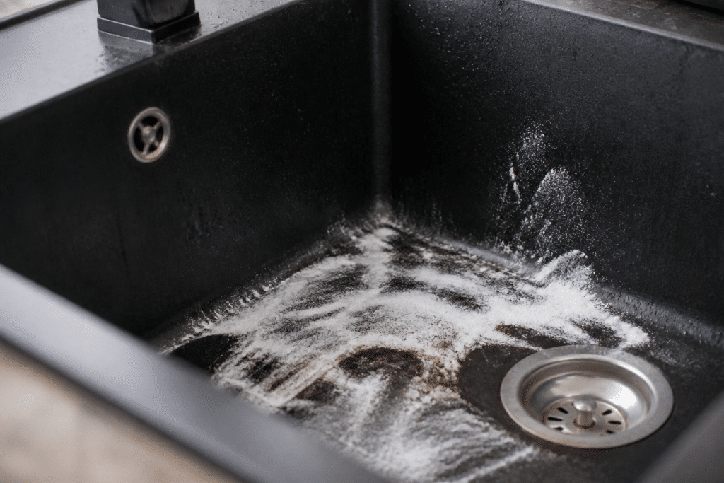 Evier noir avec taches de cafe et bicarbonate blanc