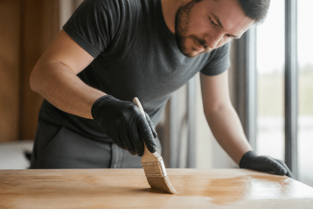Main appliquant huile sur bois clair avec pinceau