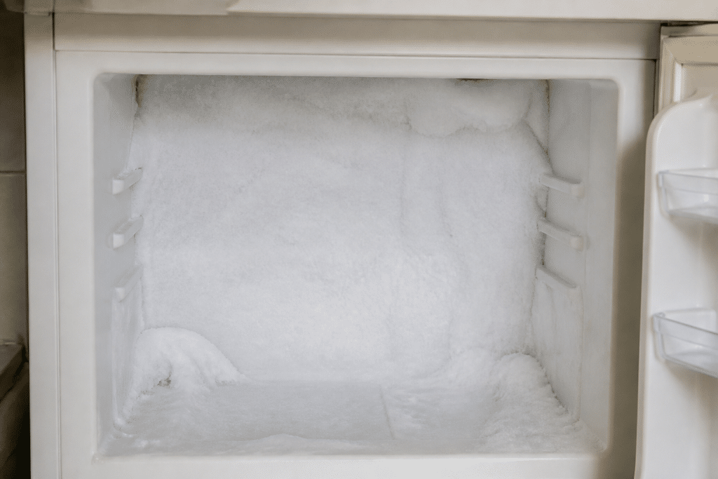 Givre epais accumule sur paroi arriere refrigerateur