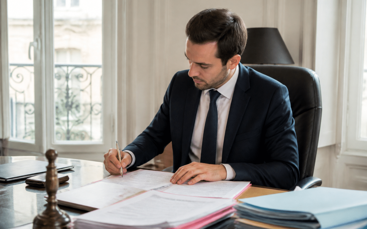 Homme en costume assis a bureau notaire documents