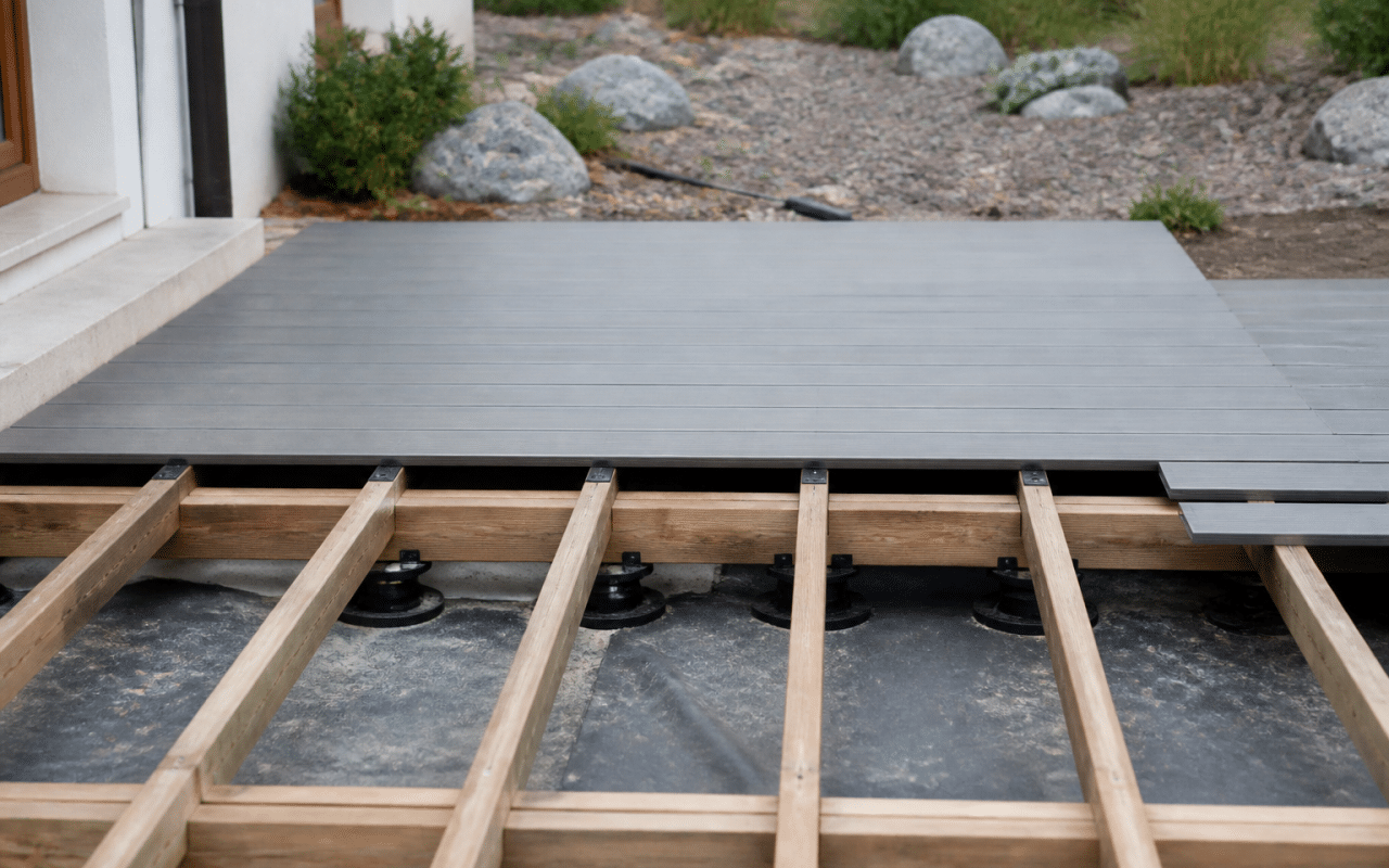 Lames composite gris sur lambourdes espacees regulierement