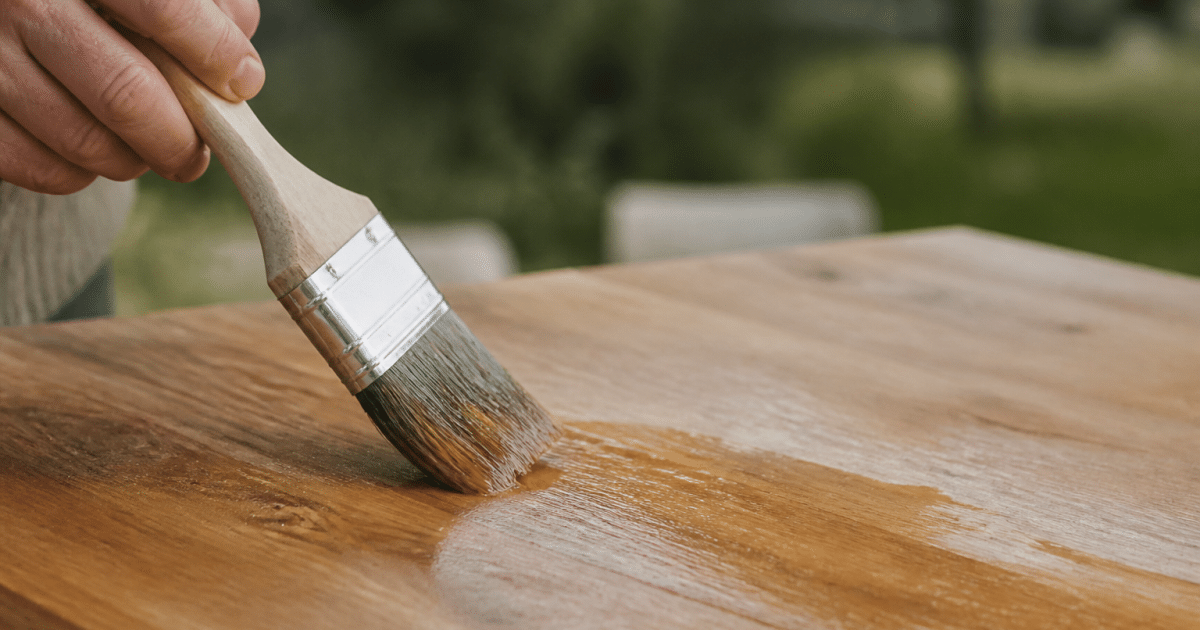 Pinceau appliquant vernis transparent sur planche bois vertical