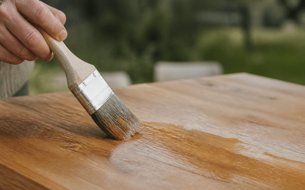 Pinceau appliquant vernis transparent sur planche bois vertical