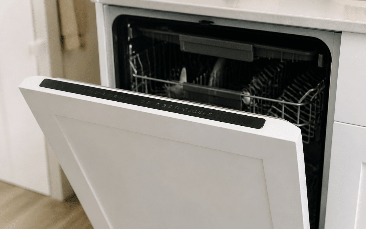Lave-vaisselle blanc ouvert affichant panneaux de commande tactiles avant.