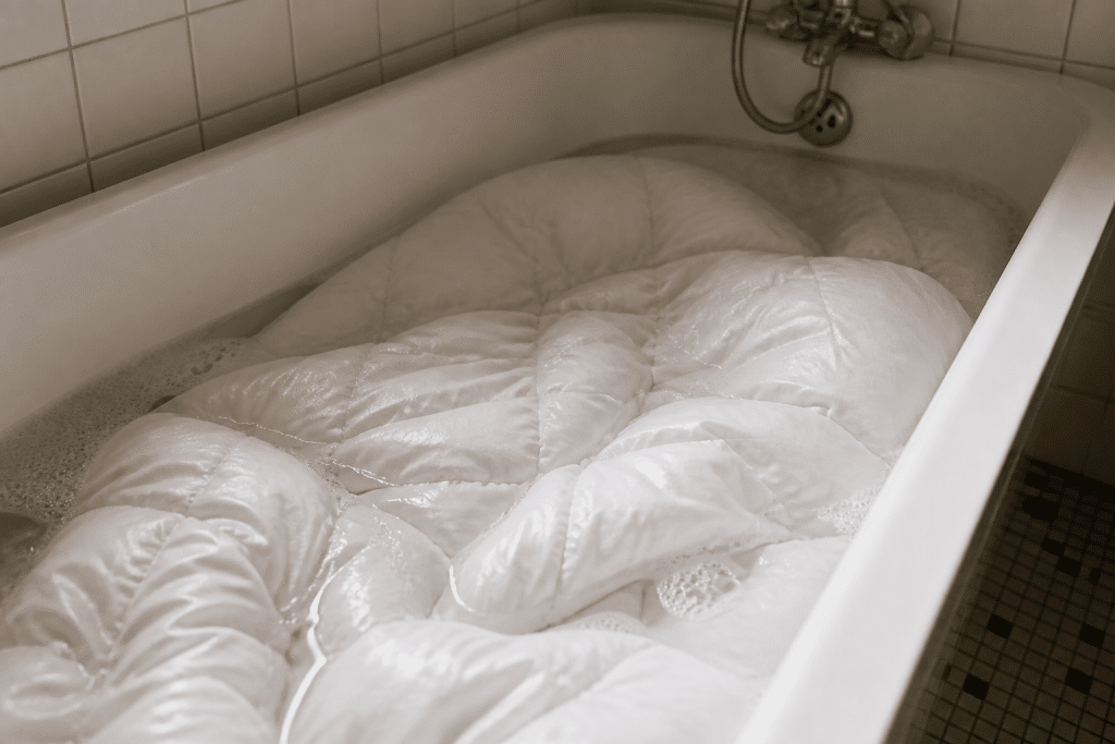 Baignoire remplie eau tiède savon Marseille couette