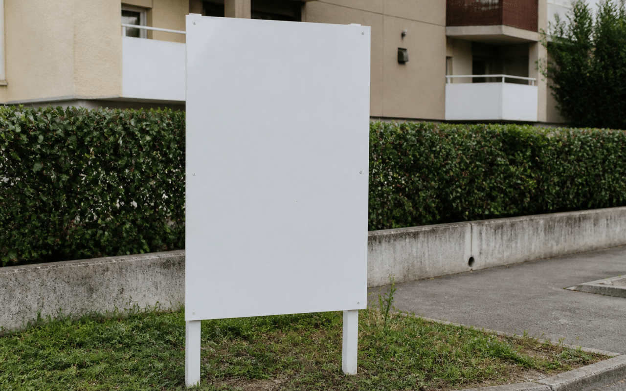 Annonce immobiliere affichee sur panneau blanc vertical exterieur