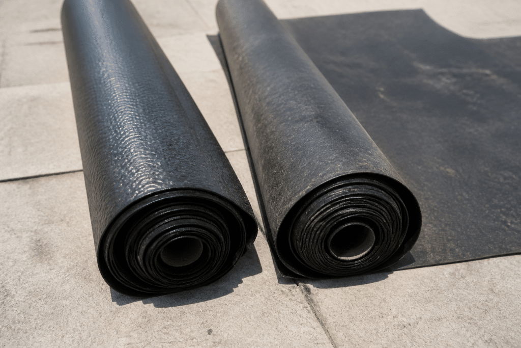 Deux membranes d'etancheite noires comparees cote a cote