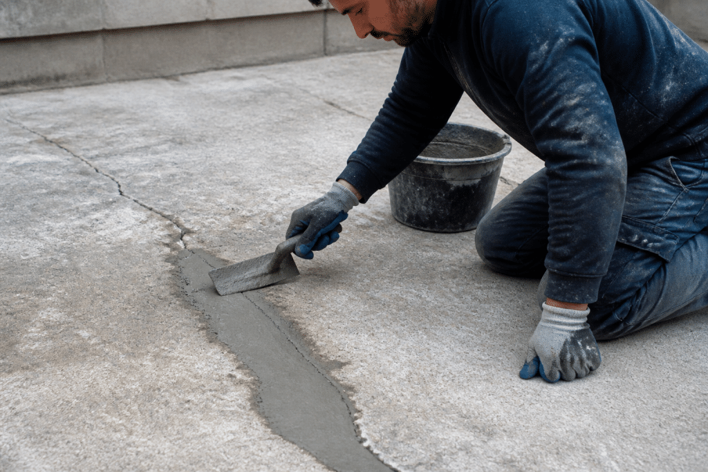 Ouvrier appliquant mortier gris sur surface béton fissurée