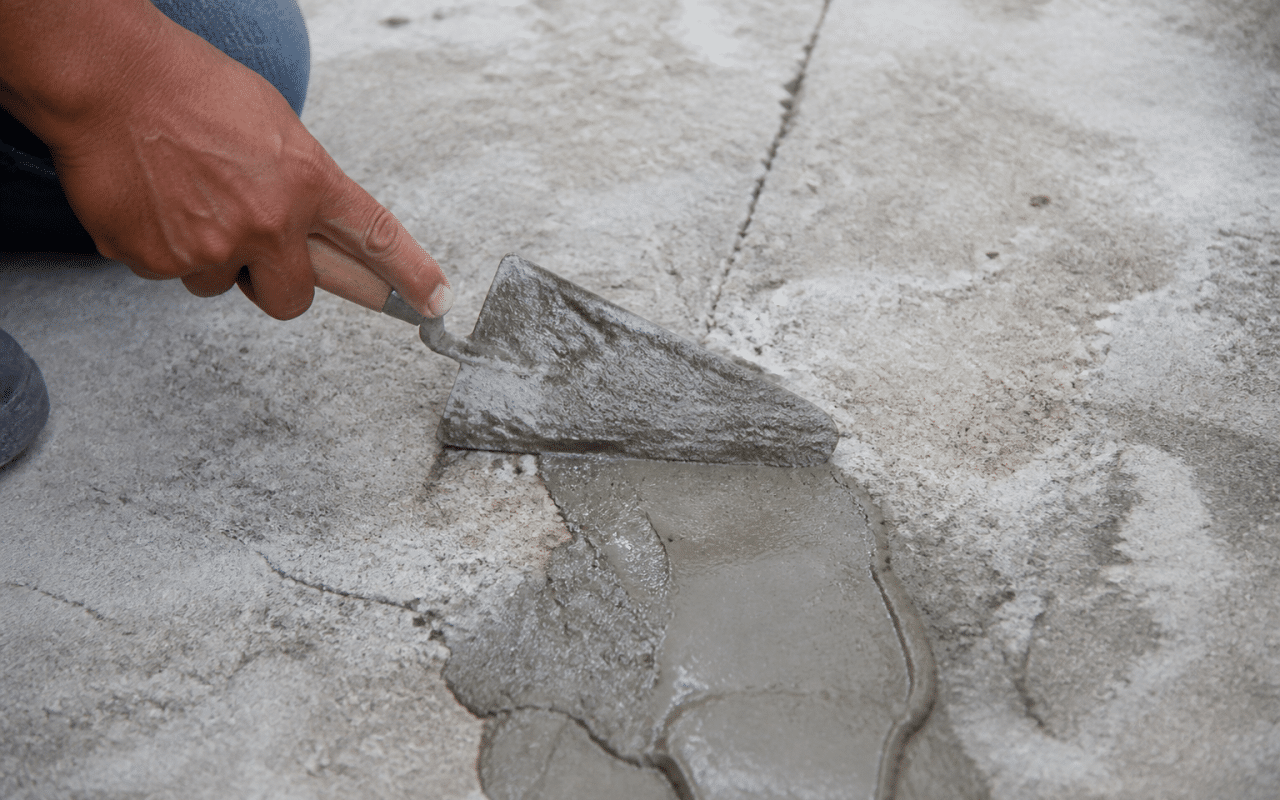 Truelle appliquant mortier gris sur surface beton fissuree