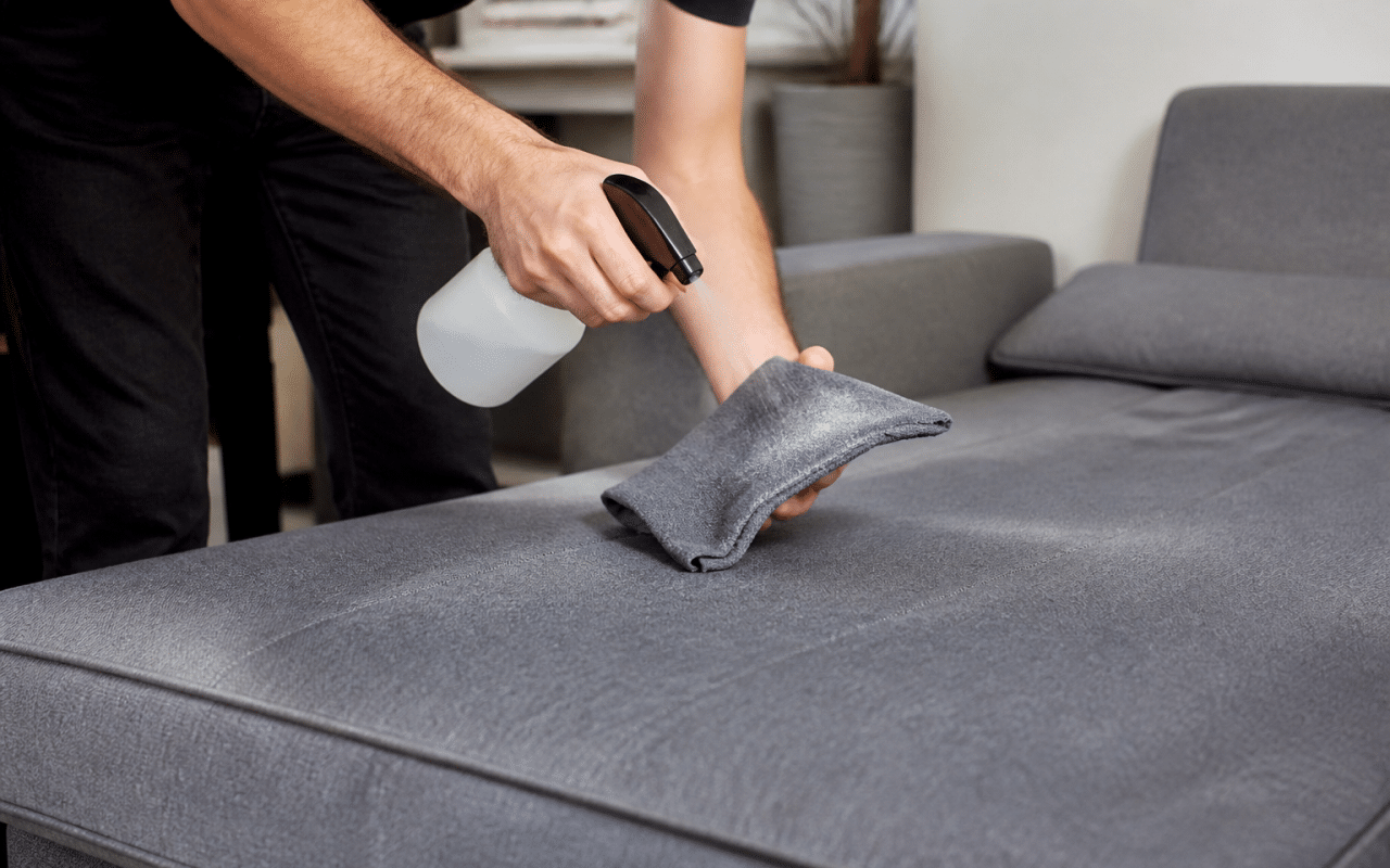 Main appliquant produit nettoyant sur tissu microfibre canapé