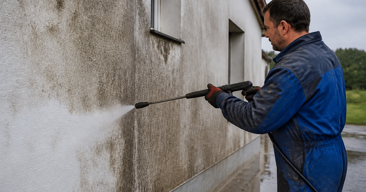 Ouvrier pulverise eau haute pression sur mur exterieur