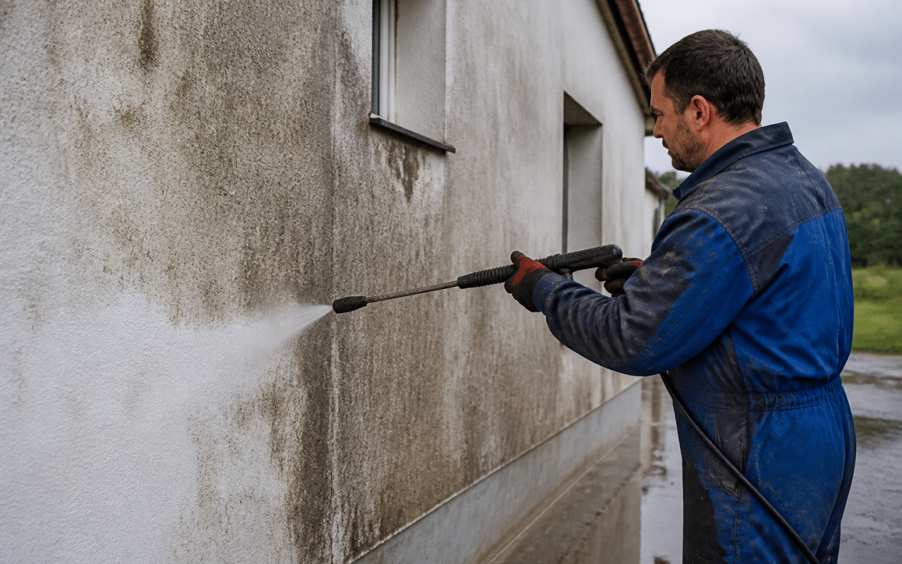 Ouvrier pulverise eau haute pression sur mur exterieur