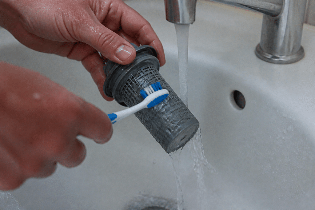 Brosse à dents nettoyant filtre gris sous eau chaude