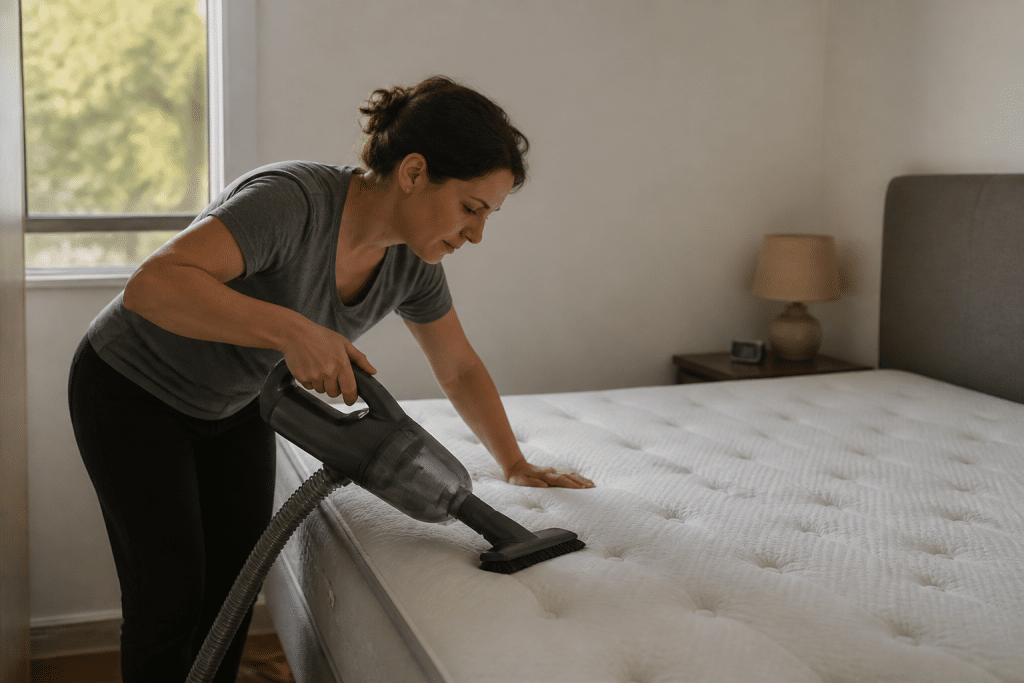 Personne aspirant poussiere matelas avec ordre methodique