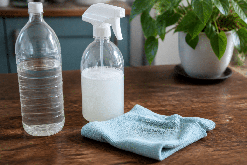 Chiffon microfibre, vinaigre blanc et eau savonneuse disposés
