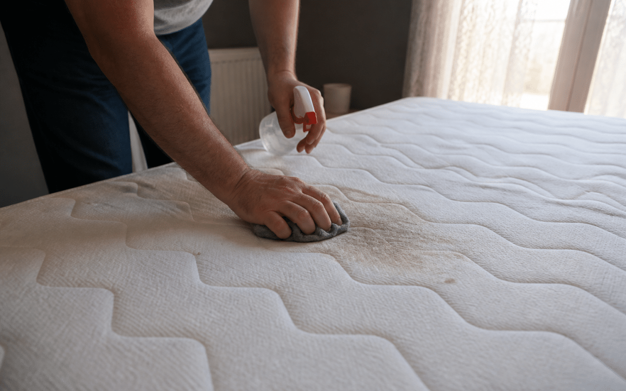Personne nettoyant tache marron sur surface matelas blanc