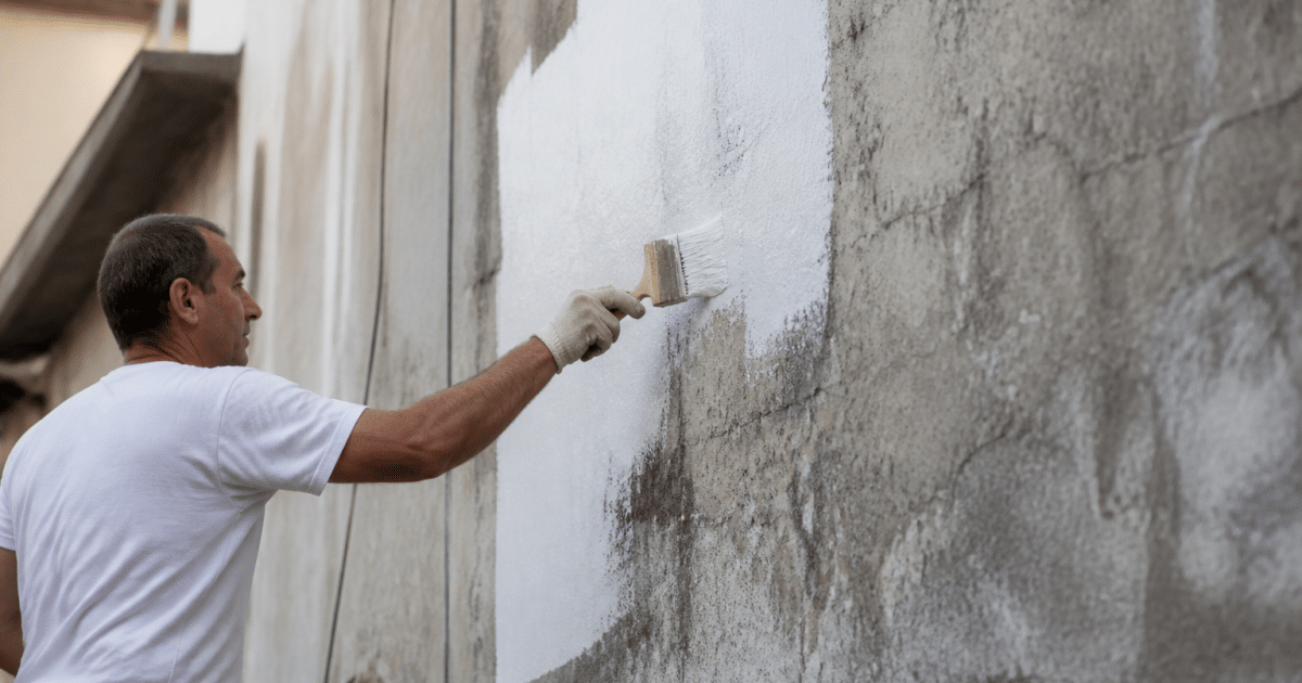 Peintre appliquant revêtement protecteur sur mur extérieur vertical