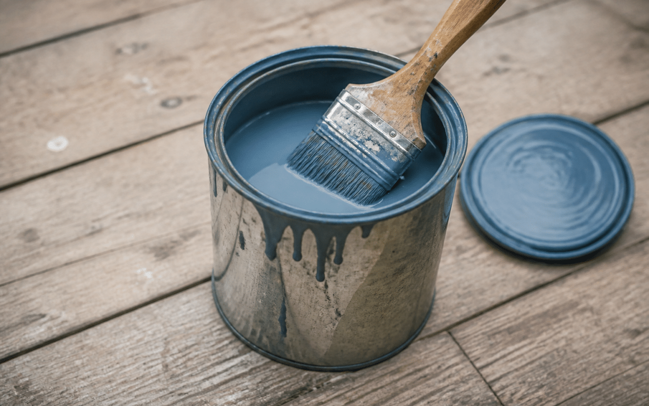 Pot de peinture glycéro satin ouvert avec pinceau trempe dedans