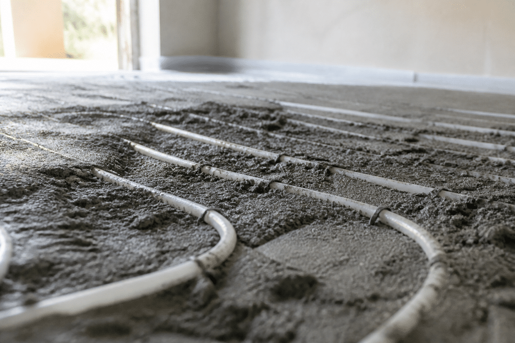 Tubes de chauffage sous couche grise de ciment epais