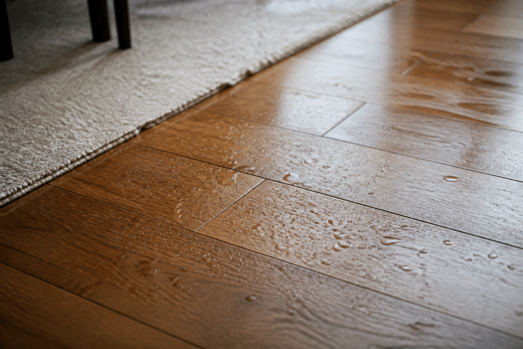 Plancher chauffant avec gouttes condensation surface bois