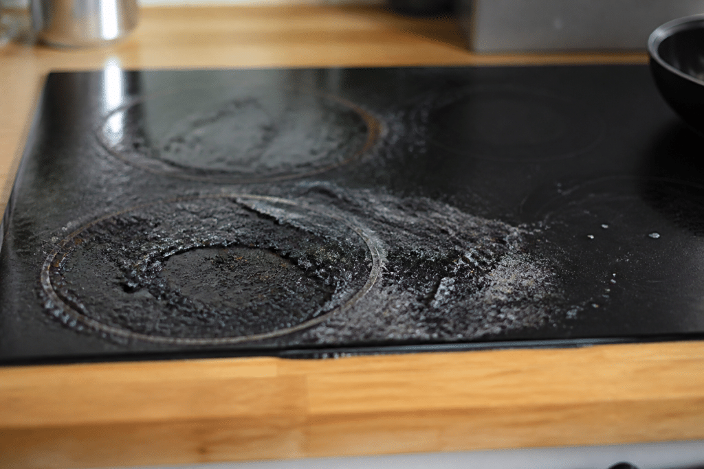 Plaque de cuisson noire recouverte de residus carbonnises epais