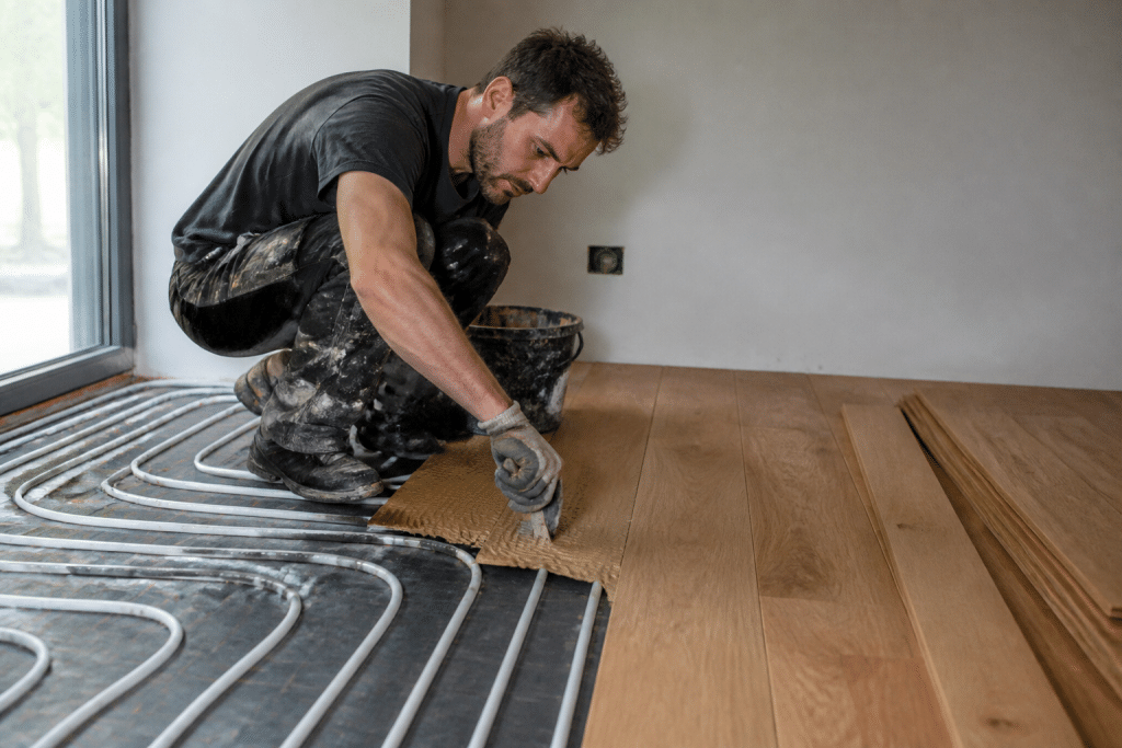 Technician applying adhesive to wooden planks over heating system