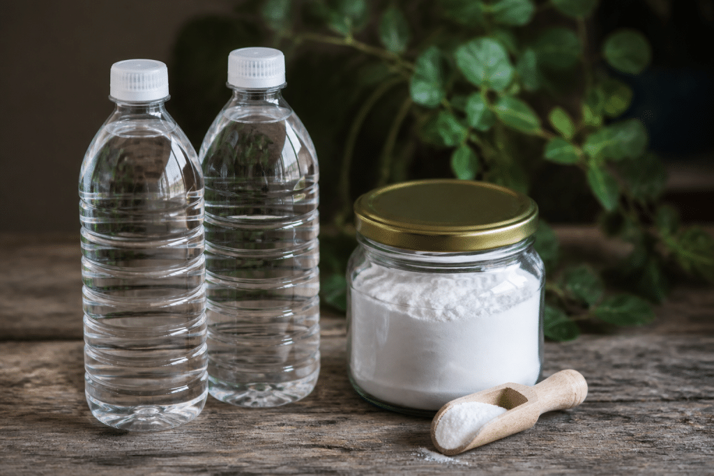 Bouteilles de vinaigre blanc et cristaux de soude