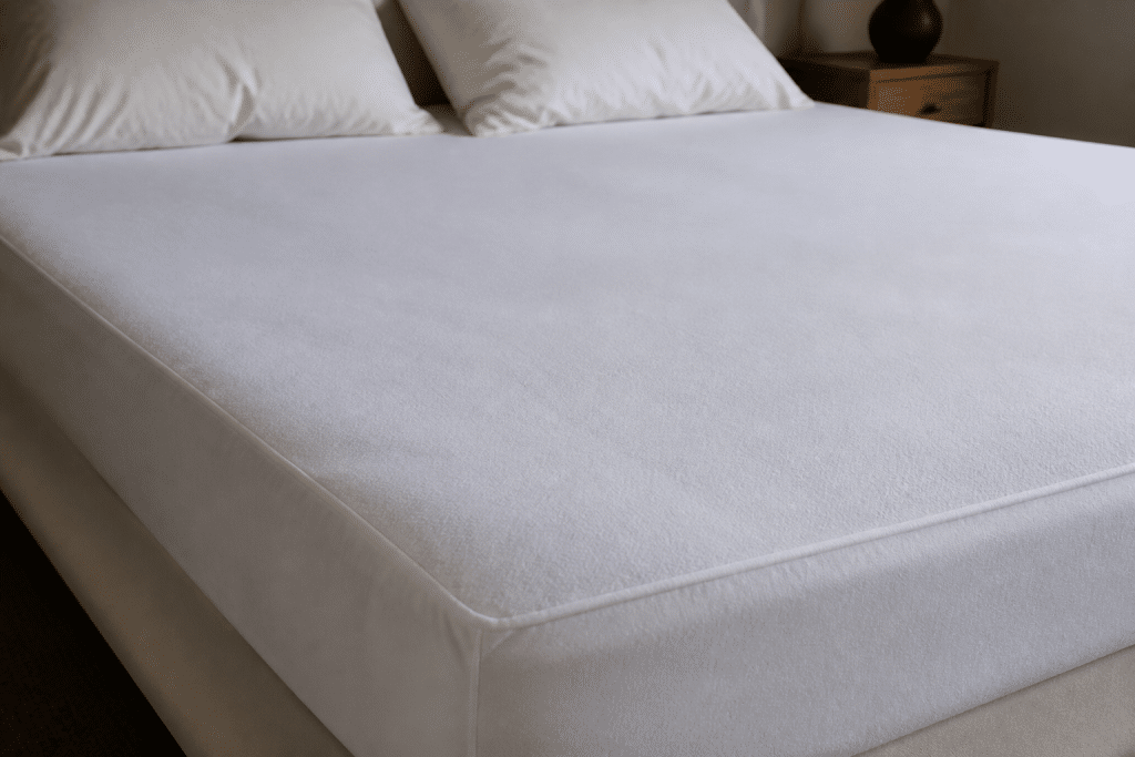 Protege-matelas blanc avec housse lavable sur lit