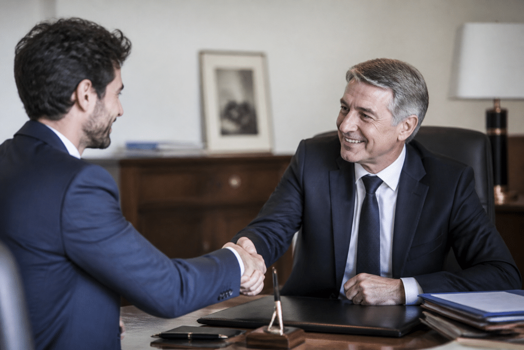 Homme en costume serrant la main du notaire dans son bureau