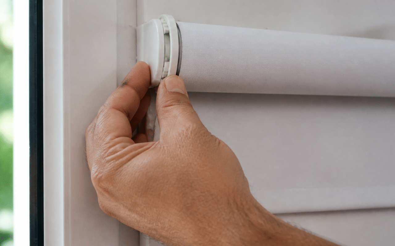 Mains serrant mecanisme enroule d'un store vertical blanc
