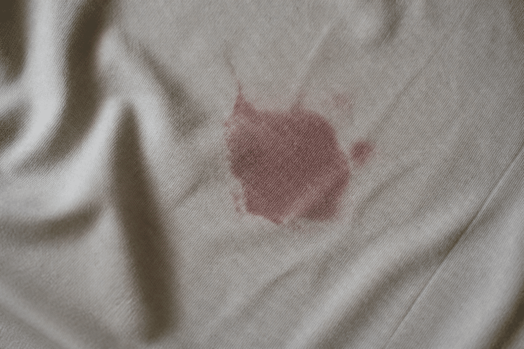 Tissu avec tache rouge foncee partiellement humidifiée