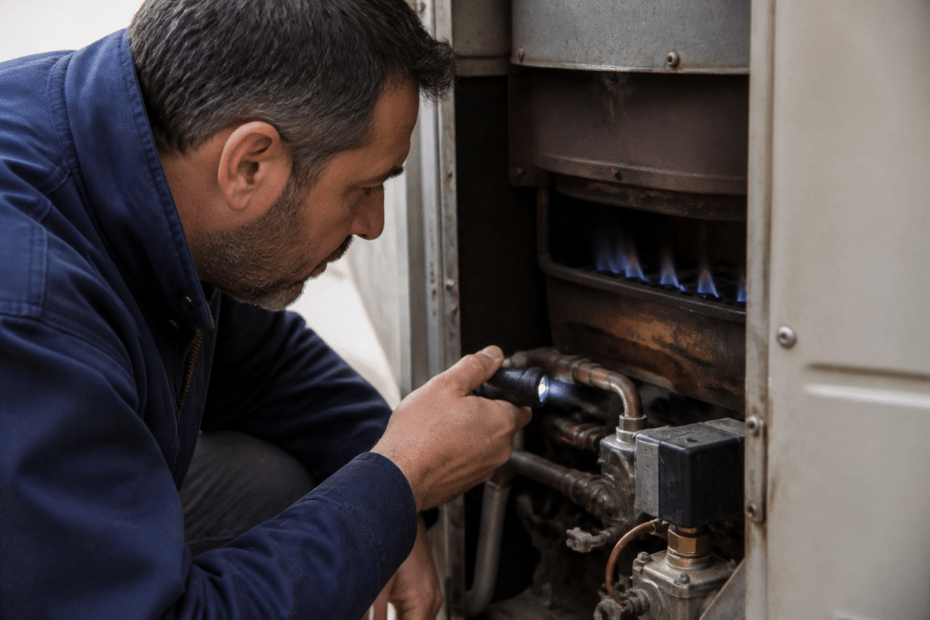Technicien inspectant bruleur gaz avec flamme faible