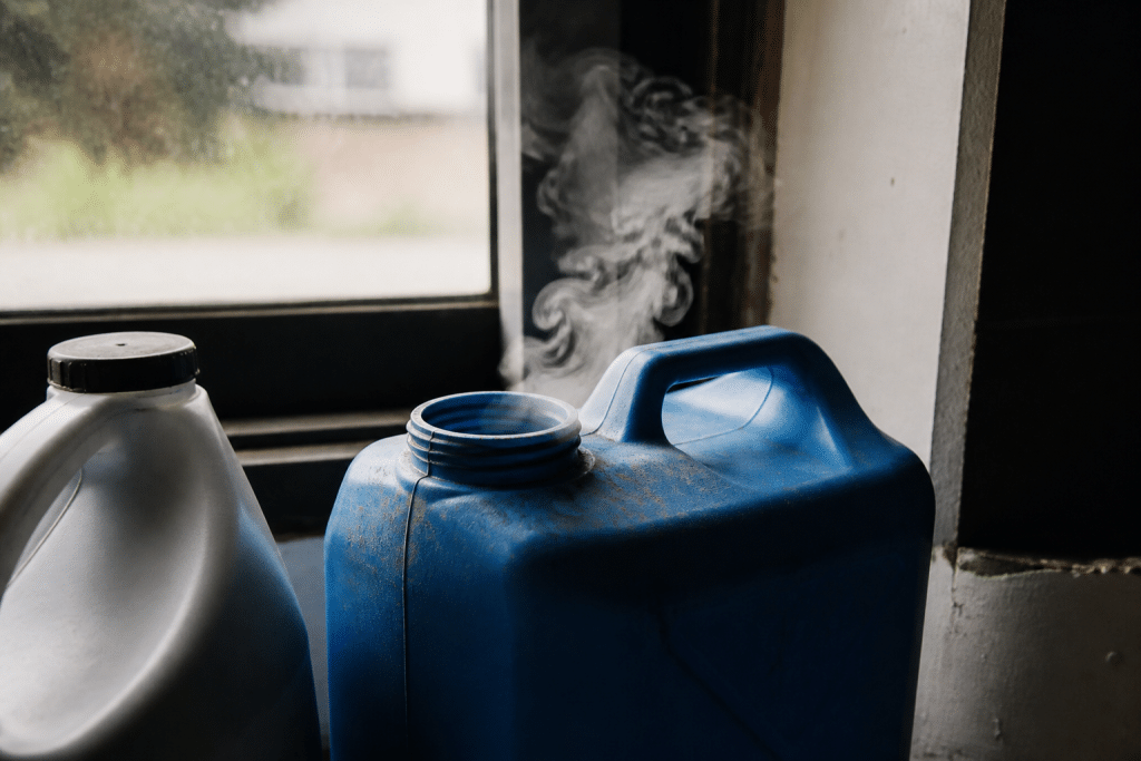 Bidon ouvert pres fenetre avec vapeurs visibles