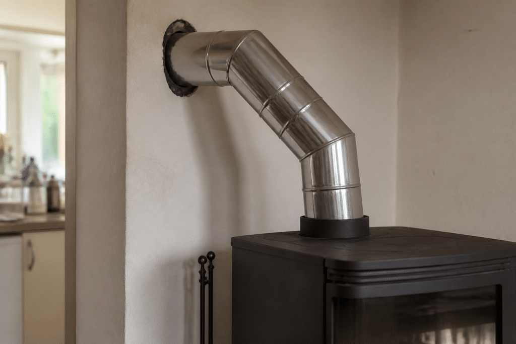 Tuyau metallique argent connectant poele bois conduit fumee