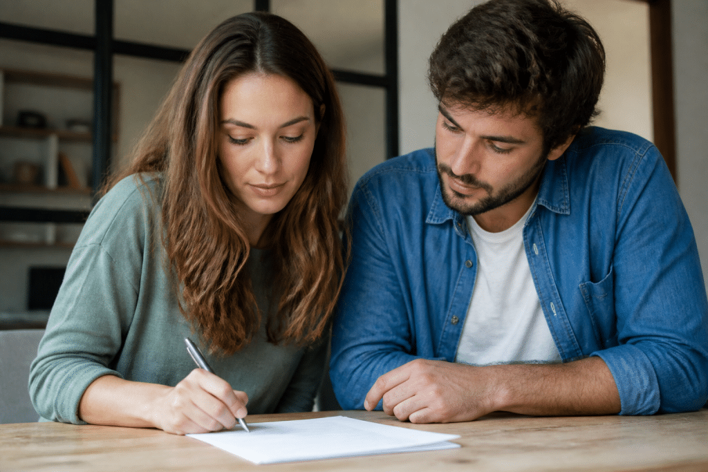 Couple signe contrat immobilier à table avec stylo