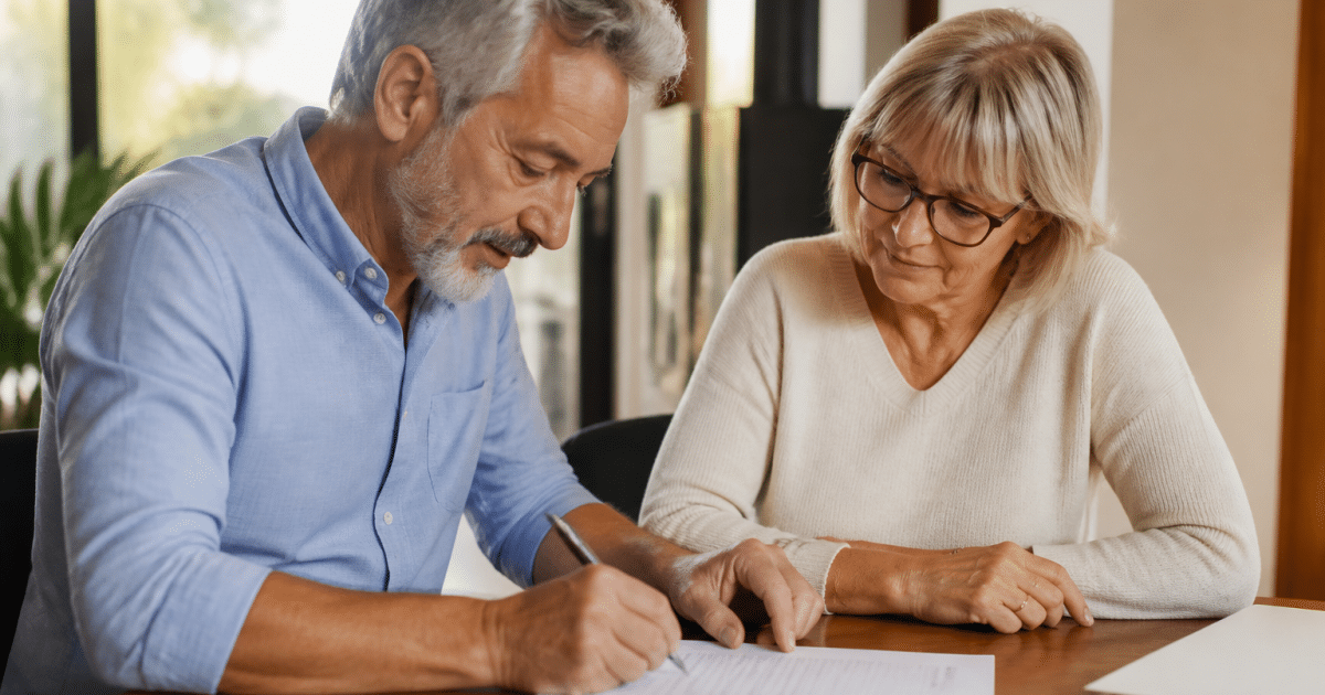 Couple age avance signant document immobilier a table