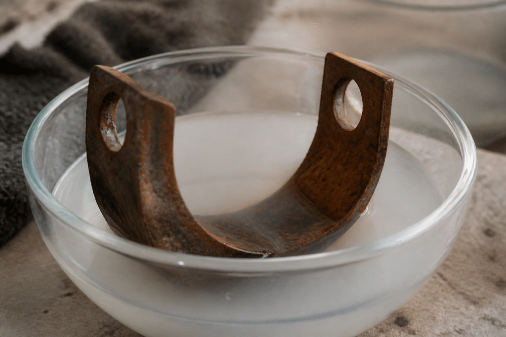 Objet metallique rouille trempe dans liquide transparent blanc